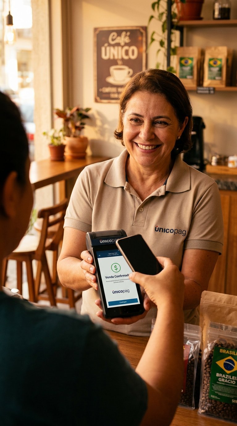 Profissional usando a maquininha ÚnicoPag para venda de produto e serviço digital